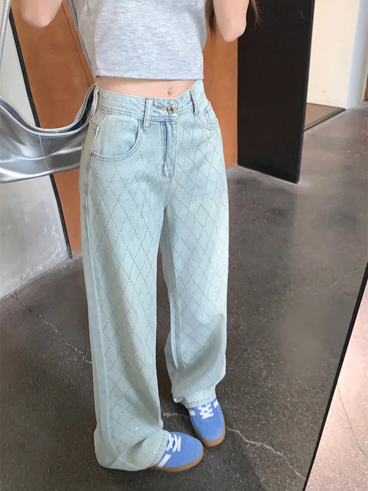 Jean Baggy Bleu Femme à Carreaux Vintage