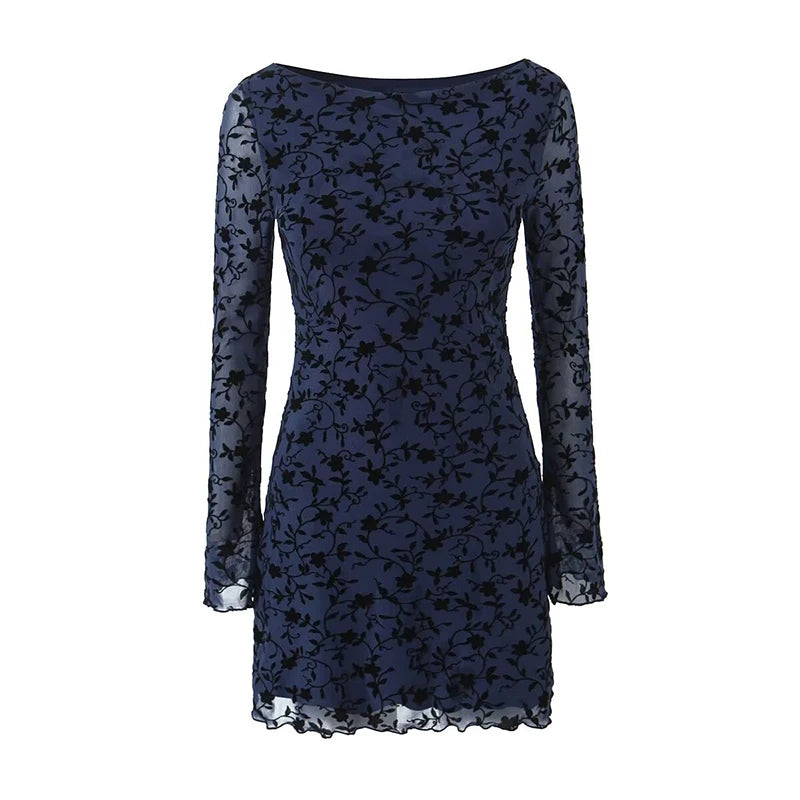 Mini-robe transparente bleu à manches longues pour femme