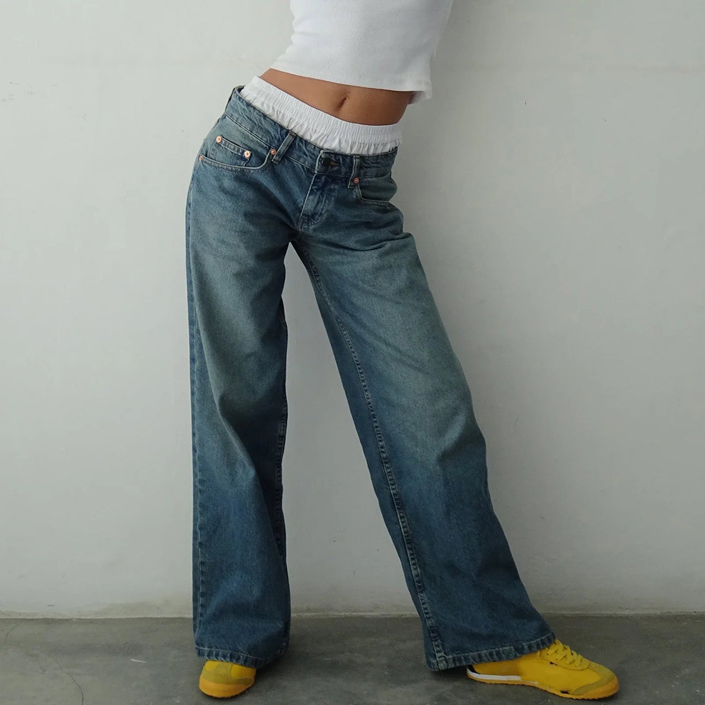 Jean ample extra large taille basse en bleu vert vintage