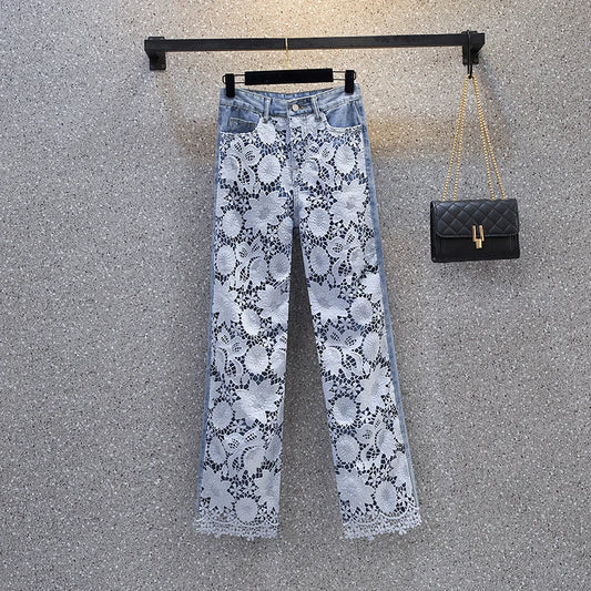 Pantalon en Jean Large à Taille Haute avec Dentelle pour Femme