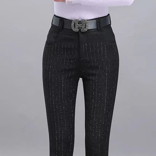 Pantalon Crayon en Denim Noir avec Strass pour Femme