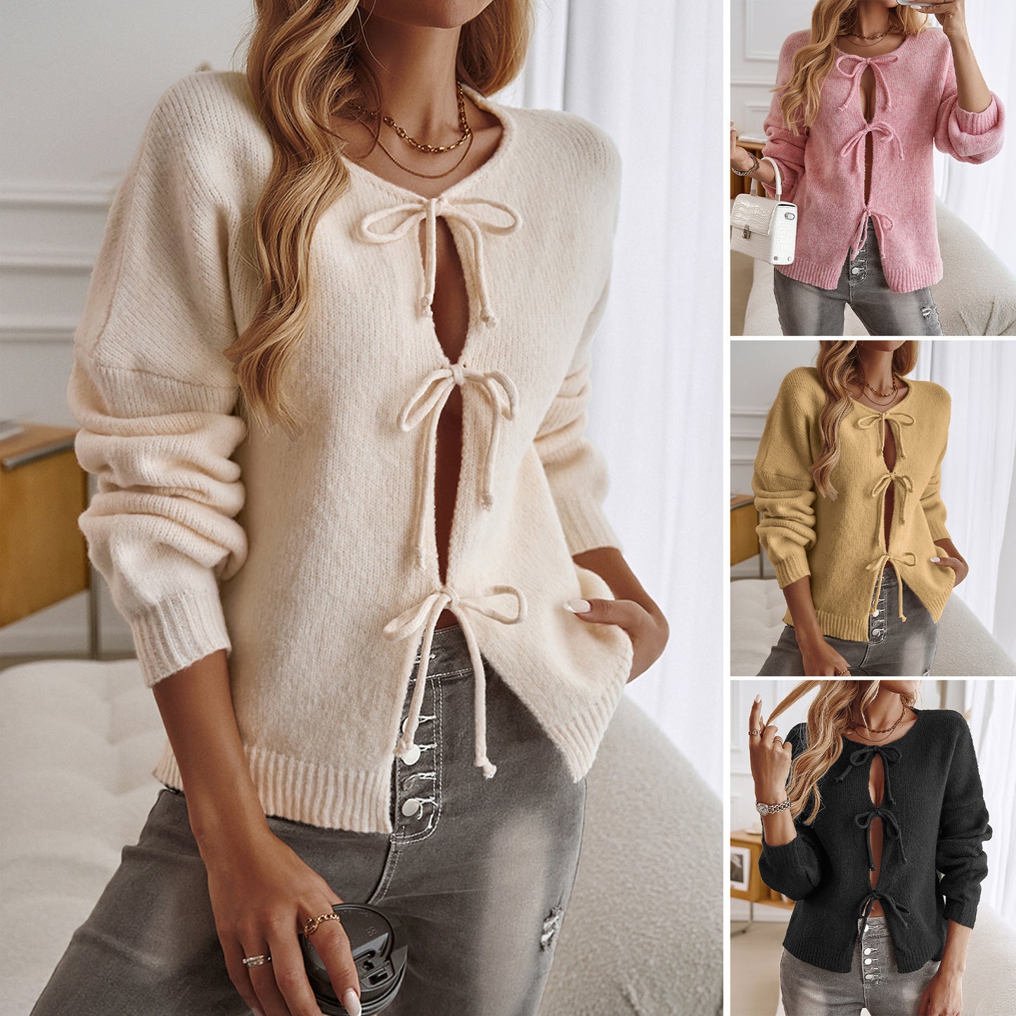 Cardigan Décontracté Femme Ample avec Lacets - Uni